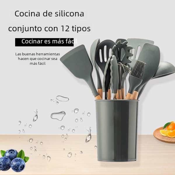 Silikone køkkenredskaber med non-stick træhåndtag Black