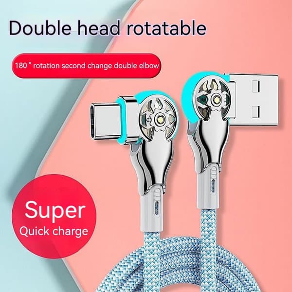 USB Type-C Dobbel Albue Svingbar Nylon Flettet Hurtiglading Datakabel, 2m, Blå, med Lys
