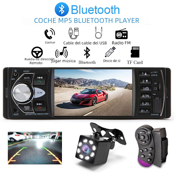 1Din Bilradio Stereo Bluetooth MP5 MP3 4.1 Tum Pekskärm, Rattstyrning, Backkamera, Satellitsändning With 8 LED Camera
