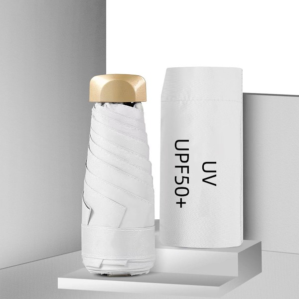 Mini Portabel Rese Hopfällbart UV-Paraply Solskydd och Regn UPF50+ Vinyl Svart Överdrag för Vuxna Kapsel Parasoll White