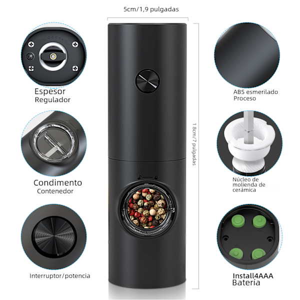 Automatisk elektrisk pepper- og saltkvern, plastmateriale, justerbart LED-lys Silver with base