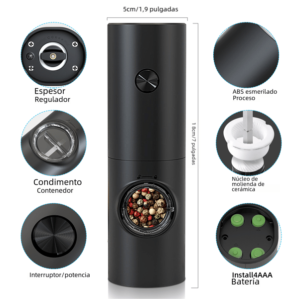 Automatisk elektrisk pepper- og saltkvern, plastmateriale, justerbart LED-lys Black with base