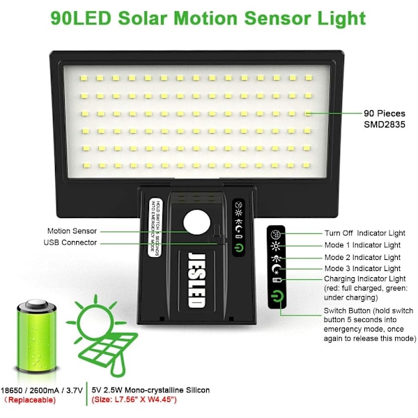 Solcellelampe utendørs, 90 LED-er, med bevegelsessensor, vanntett, egnet for hage, terrasse, stier, trapper