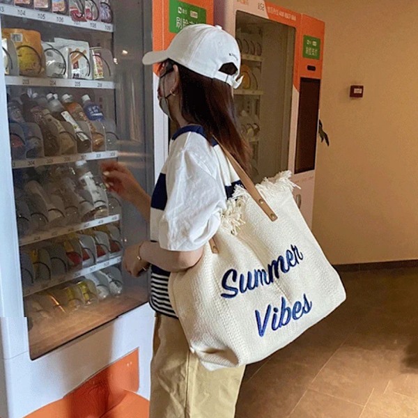 Stor Tote Bag i Canvas for Kvinner, Strandveske, Handleveske, Med Topphåndtak, Casual Khaki