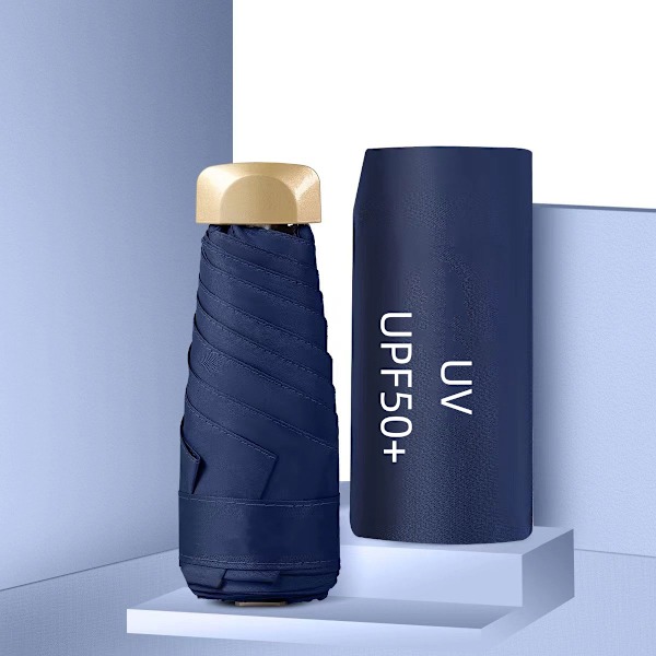 Mini Portabel Rese Hopfällbart UV-Paraply Solskydd och Regn UPF50+ Vinyl Svart Överdrag för Vuxna Kapsel Parasoll Deep blue