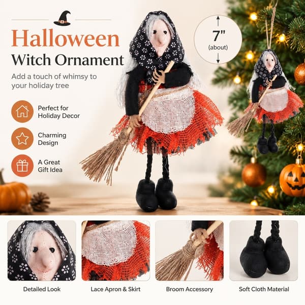 Halloween-heksepynt med kost, heksedukke med forkle som samleobjekt til juletrepynt Orange