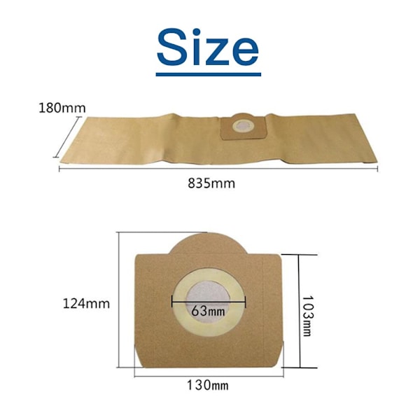 Sett med 5 rette støvsugerposer for Karcher WD3, WD 3 Premium, WD3200, WD3500P, A2204, A2534, SE4001, KAR69591300
