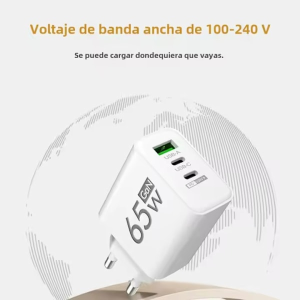 GaN Type C PD-oplader med 3 USB-porte Opladningsadapter til iPhone 15 14 Xiaomi Samsung Universel Kompatibel White EU +1m CC