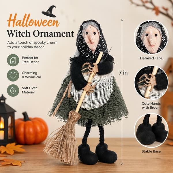 Halloween-heksepynt med kost, heksefigur med forkle, juletrepynt, samleobjekt Green