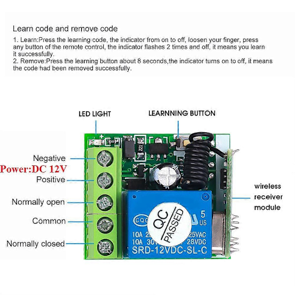 DC 12V 1CH RF Relä Mottagare 433MHz Universell Trådlös Fjärrkontroll Switch 433 MHz sändare Knapp