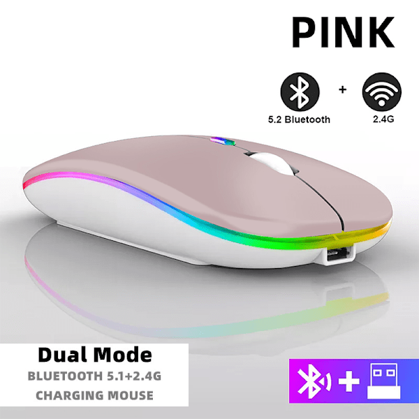 Uppladdningsbar trådlös mus Bluetooth 2,4 GHz USB RGB 1600DPI för dator laptop surfplatta PC Macbook gamingmus pink