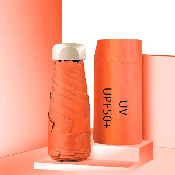Mini Portabel Rese Hopfällbart UV-Paraply Solskydd och Regn UPF50+ Vinyl Svart Överdrag för Vuxna Kapsel Parasoll Orange