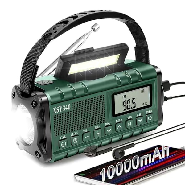 Radioer, SOS, 3 moduser, leselampe, bærbar nødradio med leselys og 10000mAh oppladbart batteri, vannbestandig AM/FM/SW/NOAA Green