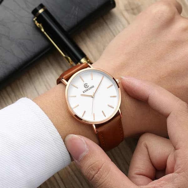 Kvartsur Rosaguld Brun, Læderrem, Justerbar, Vandafvisende, 40mm