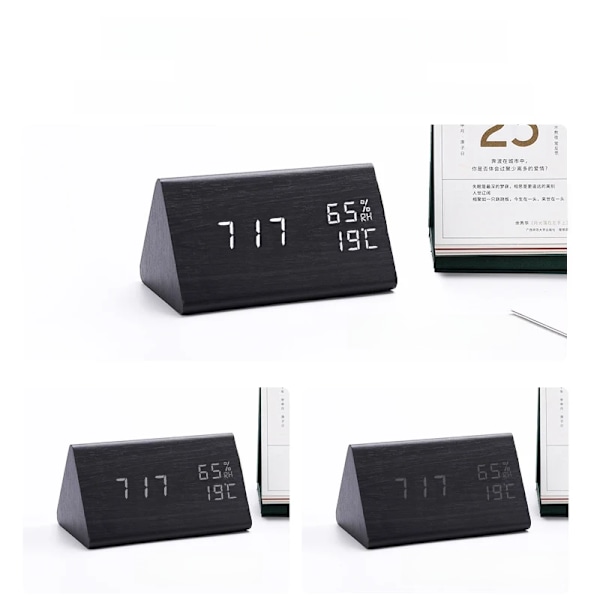 Digital LED-väckarklocka i trä med ljud- och ljuskontroll, USB/AAA-driven, modern och antik stil för heminredning L-black