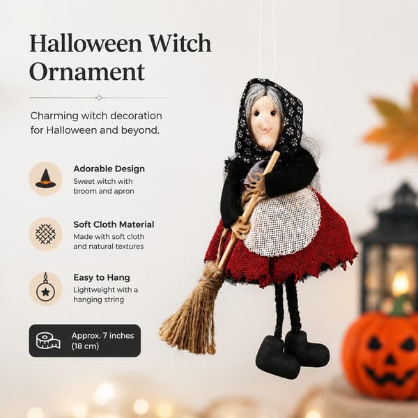 Halloween-heksepynt, heks med forkle og kost, samlefigur til juletrepynt Red