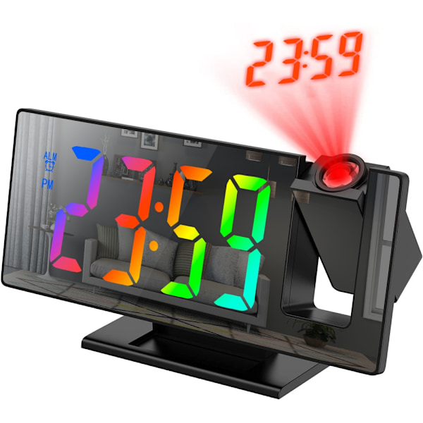Digital vekkerklokke med tid- og temperaturprojeksjon 180° LED-projeksjonsbordklokke med moderne USB-snooze 12/24H WG