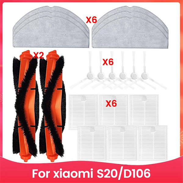 Erstatningssett Tilbehør for Xiaomi Robotstøvsuger S20/D106 Deler Hovedsidebørste HEPA Filter Moppeklut