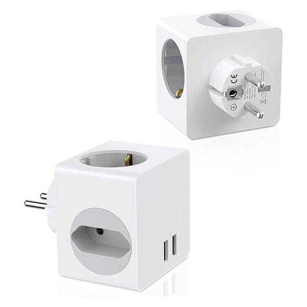 Cube 5-i-1 stikdåse med 2 USB-porte - Hvid