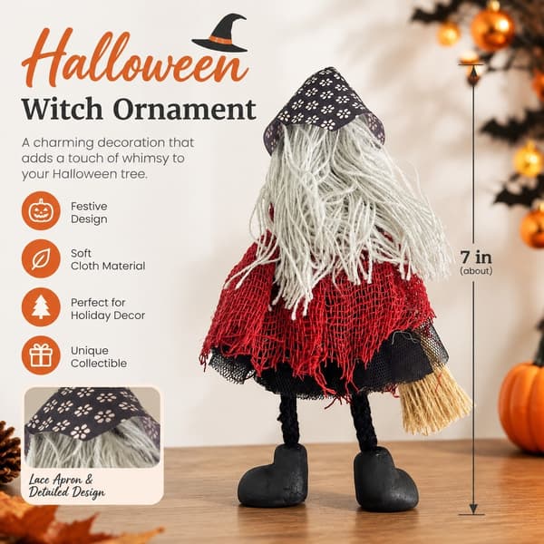 Halloween-heksepynt, heks med forkle og kost, samlefigur til juletrepynt Red