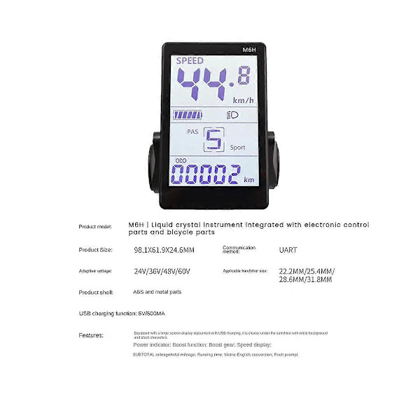 M6H Sähköpyörän LCD-näyttömittari Kojelauta 24V-60V Universaali Sähköskootterin LCD-paneelinäyttö sähkölaitteille