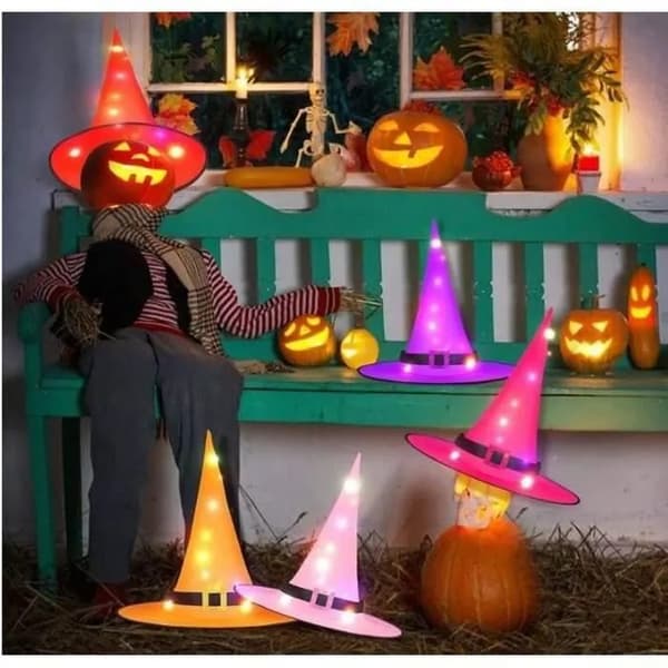 Heksehatte med lyskæde, Halloween-pynt til udendørs brug, haven og indendørs Black