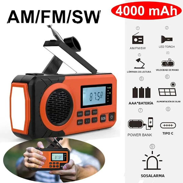 Bærbar solcelle- og håndsving 4000mAh AM/FM nødradio med LED, mobiltelefonoplader og powerbank Orange3 4000mAh