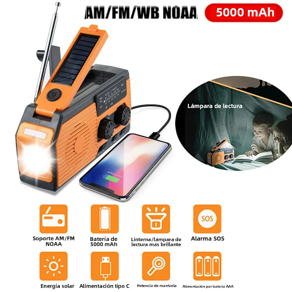 Bærbar solcelle- og håndsving 4000mAh AM/FM nødradio med LED, mobiltelefonoplader og powerbank Orange4 5000mAh