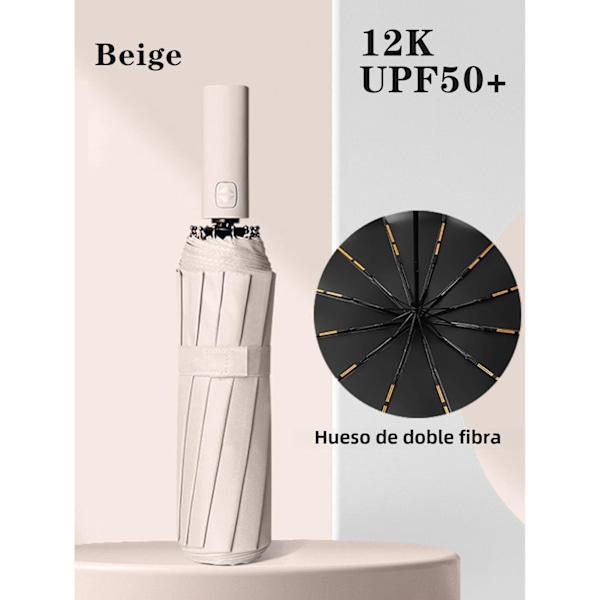 Komplett 24-spilers automatisk paraply i forskjellige farger, vann- og solbeskyttelse for voksne, størrelse 55-61 cm Beige