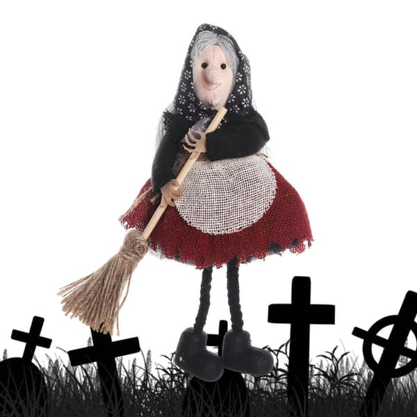 Halloween heksepryd, heks med forklæde og kost, samlerfigur til juletræspynt Red