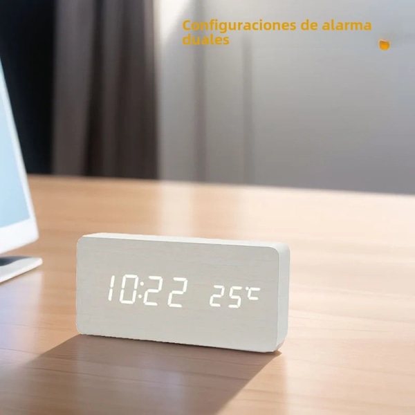 Digital vekkerklokke med LED-display og temperatur, bordklokke i tre for soverom, kontor, reise, dekor White
