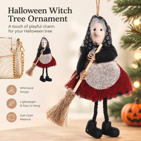 Halloween heksepynt med kost, forklædevedhæng, stofdukkefigur til juletræet Red