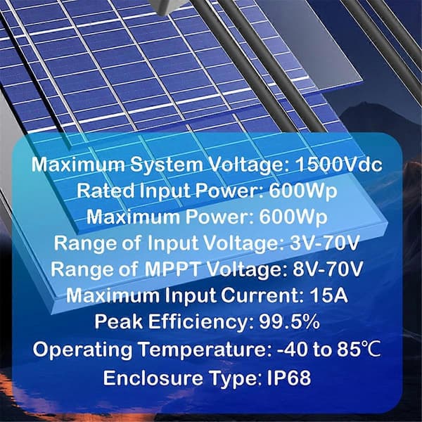 600W MPPT Effektoptimerer Integrert PV Effektoptimerer IP67 Solcellepanelovervåking Spenningsbegrensning