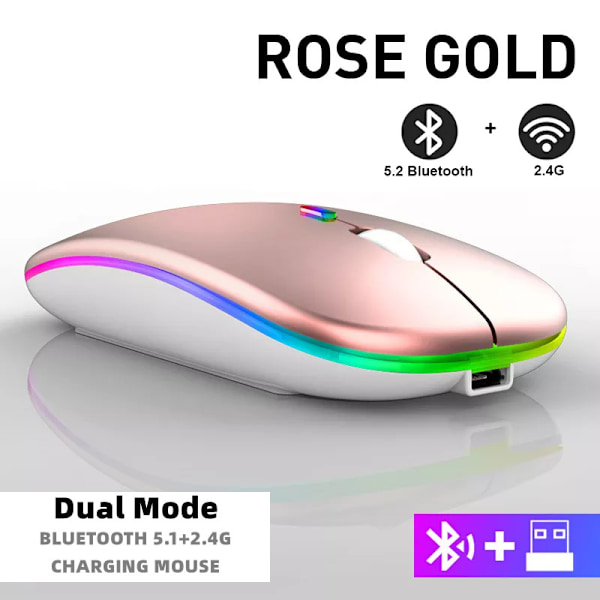 Uppladdningsbar trådlös mus Bluetooth 2,4 GHz USB RGB 1600DPI för dator laptop surfplatta PC Macbook gamingmus rose gold