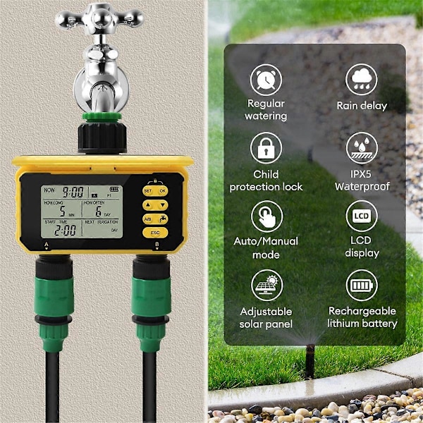 2 udløb Vandingsautomatisk vanding Solopladning Digital sprinkler Vandventilcontroller til Garde