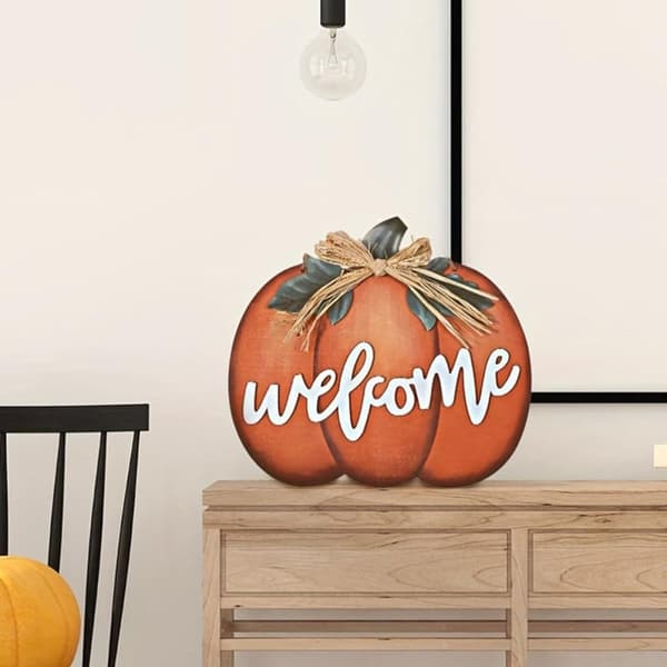 Velkomstskilt i træ formet som græskar til Thanksgiving-døren, Halloween-fejring Orange