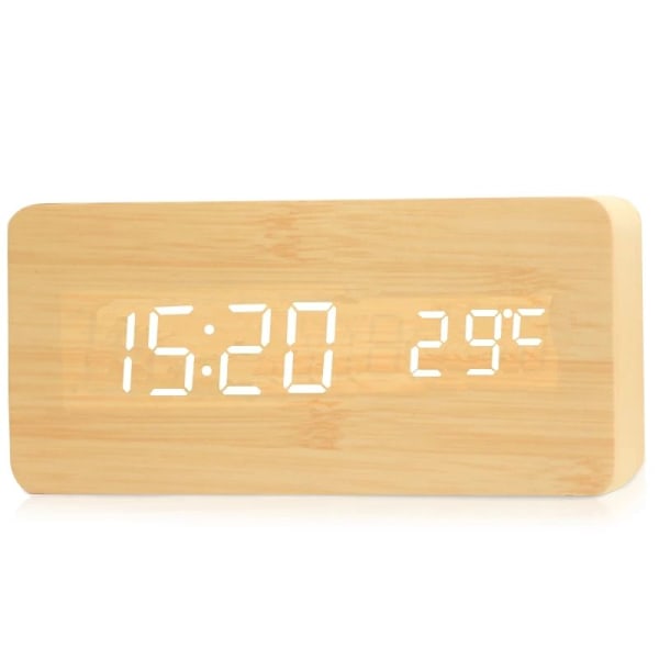 Digitalt Vækkeur med LED-display og Temperatur, Træbordur til Soveværelse, Kontor, Rejse, Indretning Bamboo