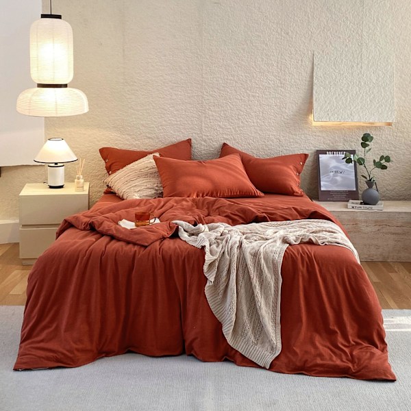 Tvättat bomull andningsbart enkelt enfärgat sänglakan täcke set orange röd 150x210（3pcs）