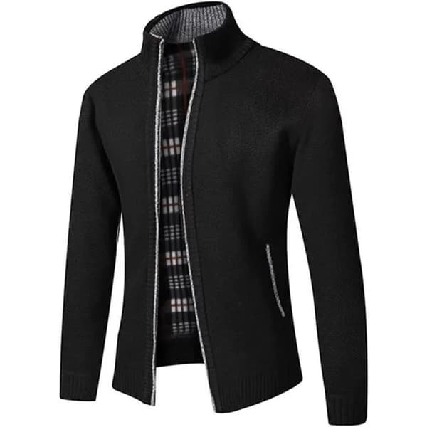 Herre Cardigan Jakke Åben Front Lynlås Vest, Strikket Pullover med Lomme, Sort
