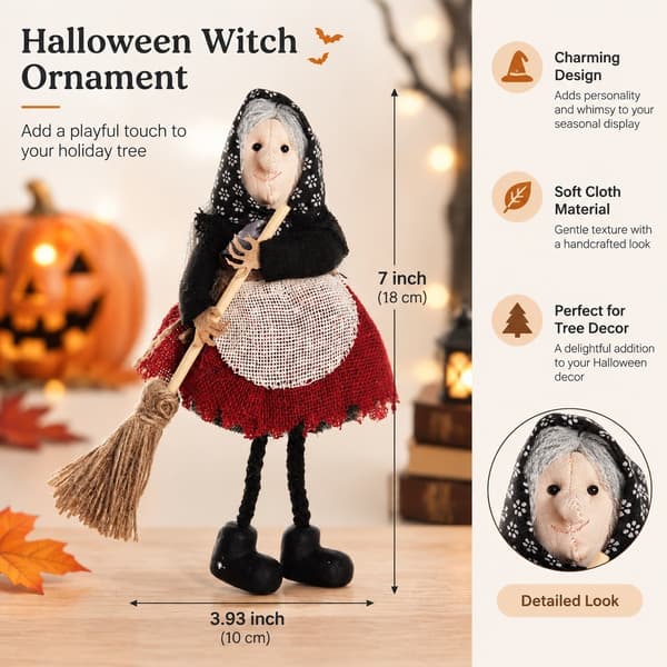 Halloween-heksepynt, heks med forkle og kost, samlefigur til juletrepynt Red