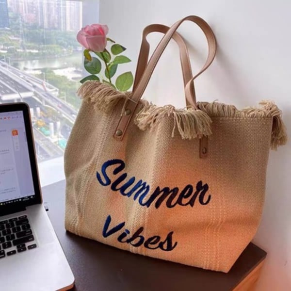 Stor Tote Bag i Canvas for Kvinner, Strandveske, Handleveske, Med Topphåndtak, Casual Khaki