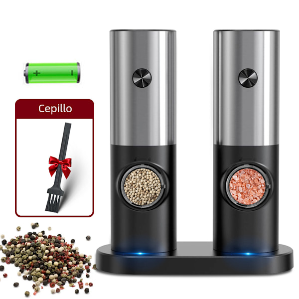 Automatisk elektrisk pepper- og saltkvern, plastmateriale, justerbart LED-lys Silver with base
