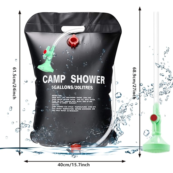Solbruserpose med brusehoved, til udendørs camping og vandreture With shower