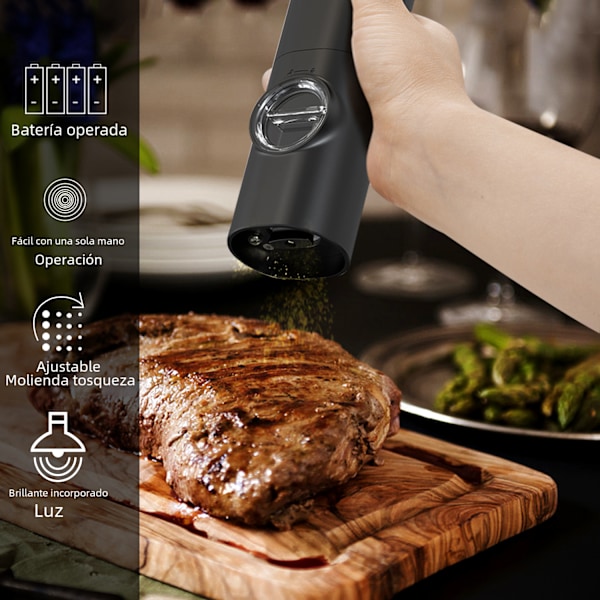 Automatisk elektrisk pepper- og saltkvern, plastmateriale, justerbart LED-lys Black without base