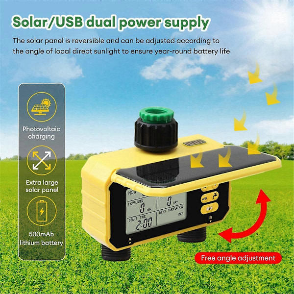 2 Utlopp Vattning Auto Bevattning Solcellsladdning Digital Sprinkler Vattenventil Kontroller för Trädgård