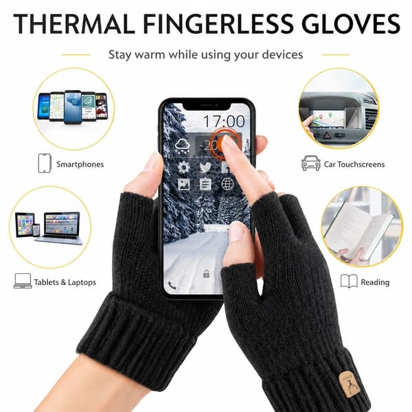 Fingerløse handsker, mørkegrå, touchscreen, strikket, halvfinger, unisex