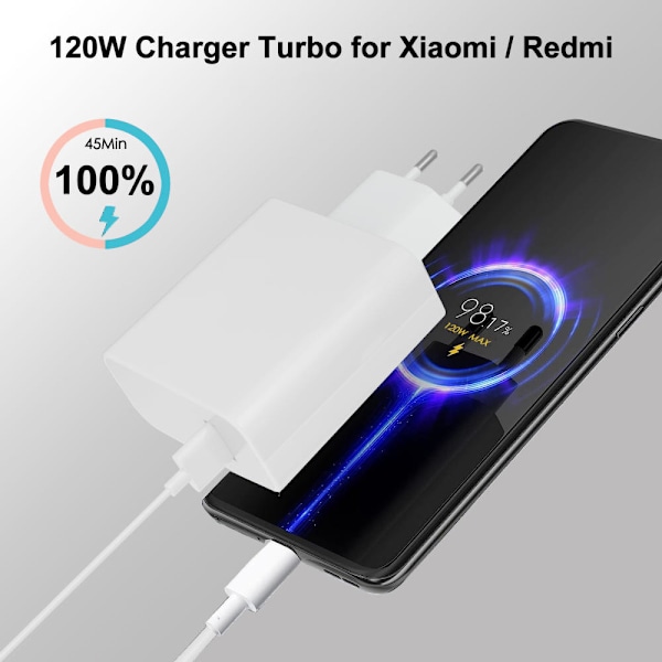 Lader for Xiaomi Turbo Charge 120W Xiaomi Mi 12T 11T Pro/Redmi Note 11S/Note 10 Pro/Note 12 Pro +/K50 Ultra/K50 Pro 33W + 1M