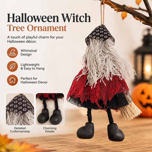 Halloween-heksepynt med kost, forkleanheng, tøydukkefigur til juletreet Red