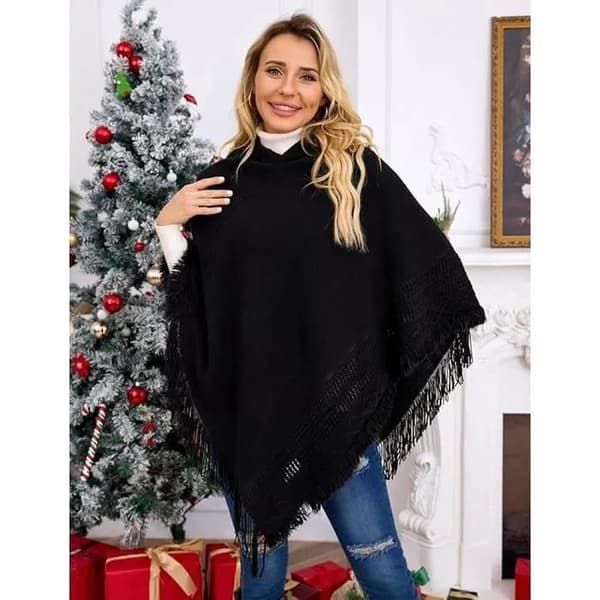 Heklet poncho-cape med hette for kvinner, svart, varm vinter og høst, én størrelse