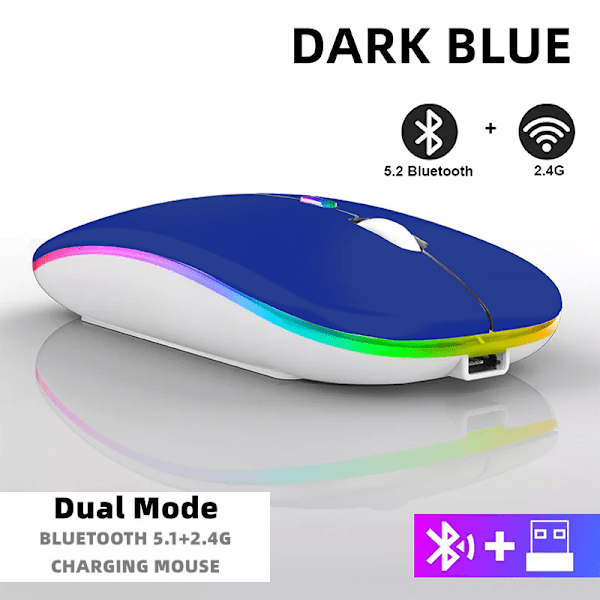 Uppladdningsbar trådlös mus Bluetooth 2,4 GHz USB RGB 1600DPI för dator laptop surfplatta PC Macbook gamingmus dark blue